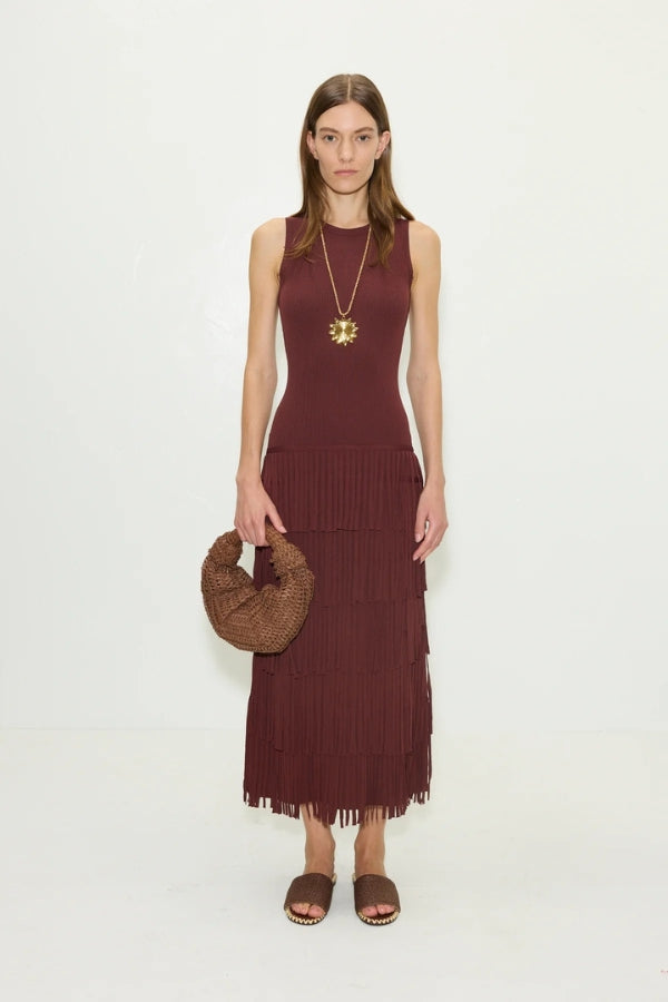 maison celon／fringe knit dress Petite Figure Form Bandage Asymmetric Fringe Hem Knit Dress