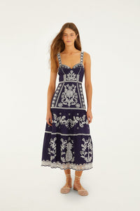 Farm Rio Richelieu Midi Dress - Blue/White, L