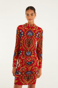 Farm Rio Red Folk Tapestry Jersey Mini Dress, Folk Tapestry Red / M