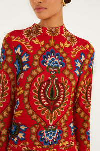 Farm Rio Red Folk Tapestry Jersey Mini Dress, Folk Tapestry Red / M