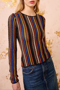 Woman wearing a multicolored striped sweater and blue jeans against a decorative wall.