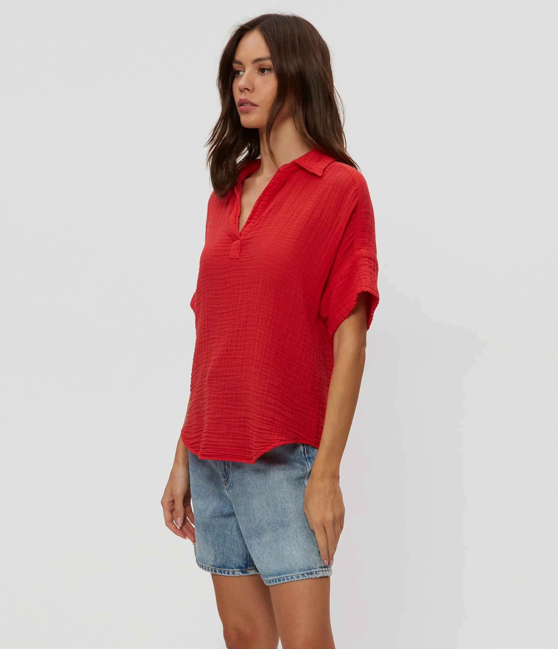 MICHAEL STARS 売れ筋商品|||マイケルスターズ Tシャツ トップス レディース Tops Red Michael Stars Women's Dora Shine 3/4 Sleeve Banded Crew Neck