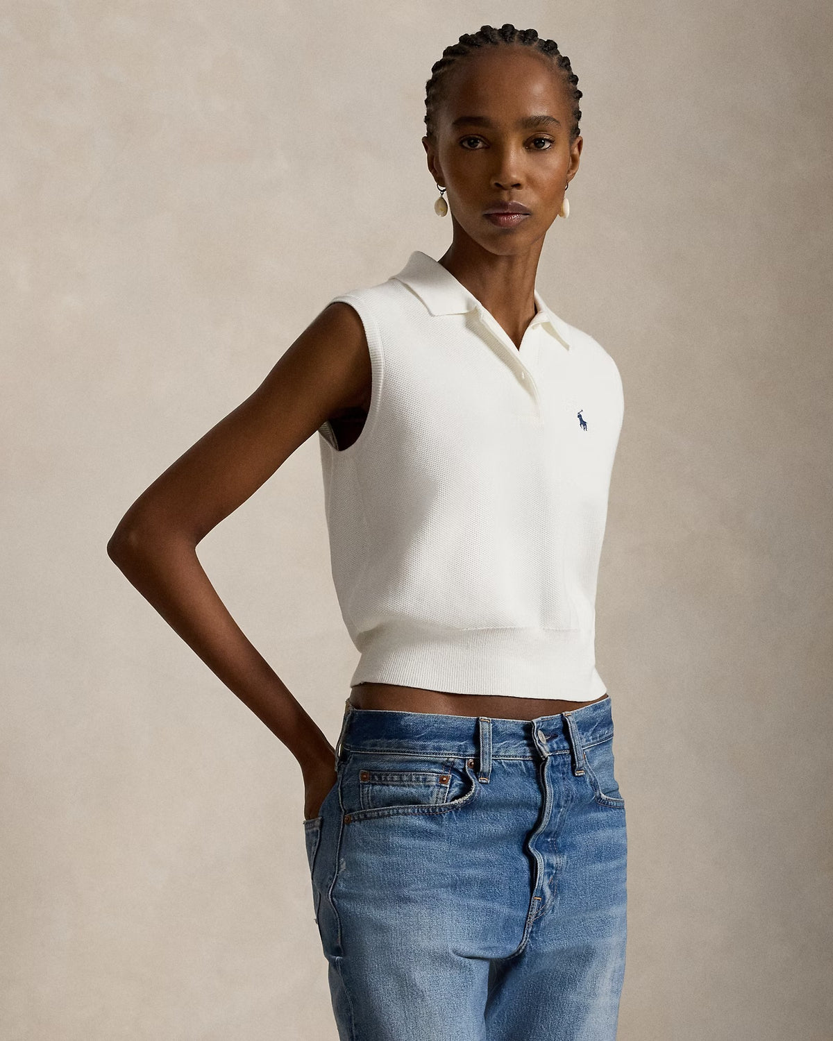 POLO RALPH LAUREN Cotton Cropped Sleeveless Polo Sweater 