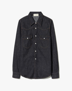 Dark denim shirt with button details on a light gray background