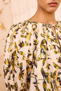 Close-up of a floral-patterned dress with a neutral background